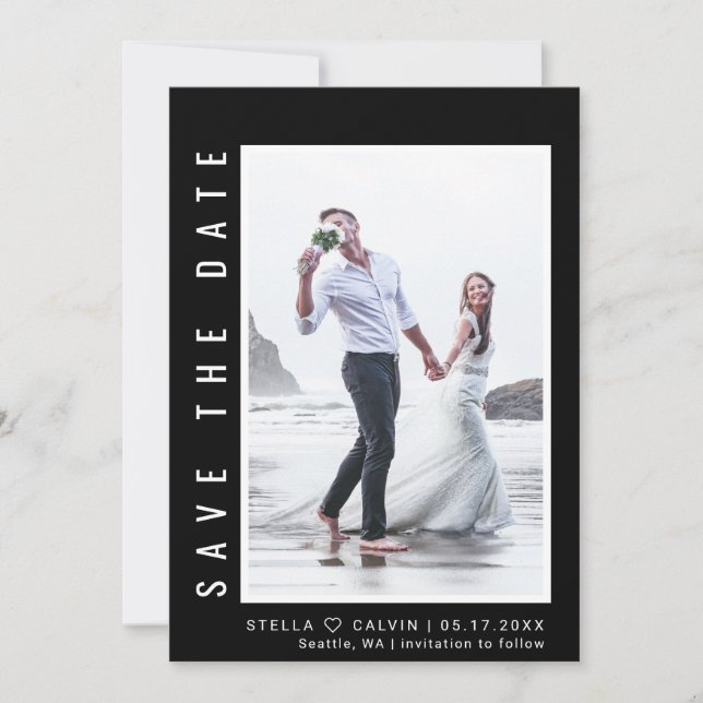 Black Simple & Modern Photo Wedding Save The Date (Front)