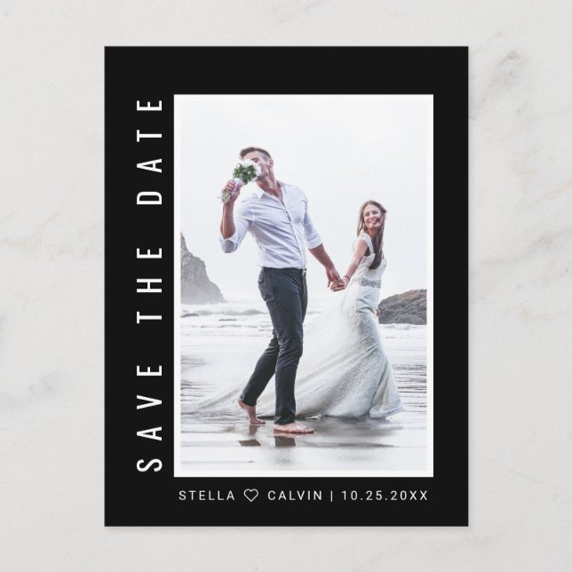 Black Simple & Modern Photo Wedding Save the Date Announcement Postcard (Front)