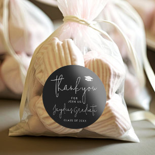 Black Simple Modern Script Graduate thank you Classic Round Sticker