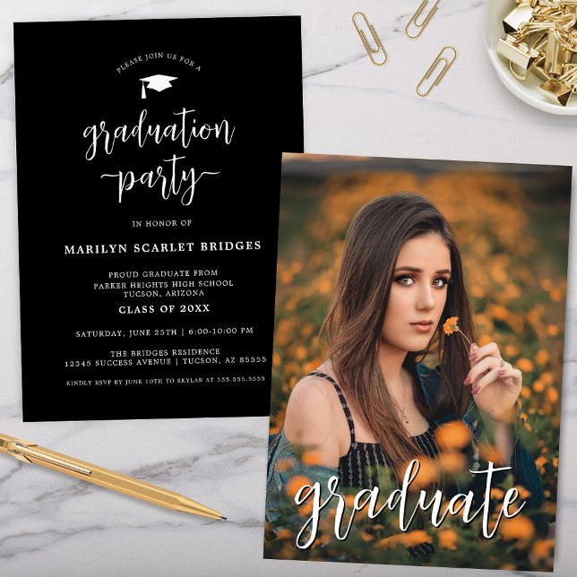 Black Simple Modern Script Graduation Invitation (black simple script graduation party invitation with modern typography and single graduate portrait)