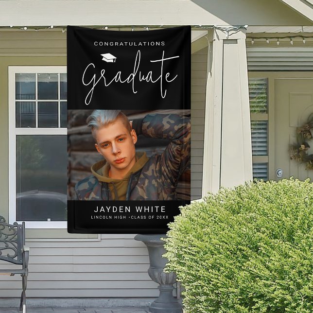 Black Simple Modern Script Photo Graduation Party Banner (Black Simple Modern Script Photo Graduation Party Banner)