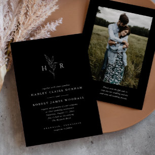 Black Simple Monogram QR Code Photo Wedding Invitation