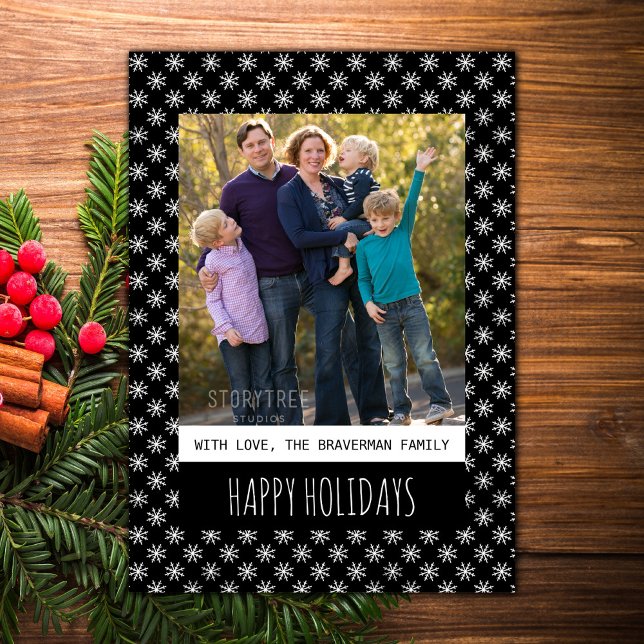 Black Simple Snowflake Holiday Photo Flat Card (Black Simple Snowflake Holiday Photo Card)