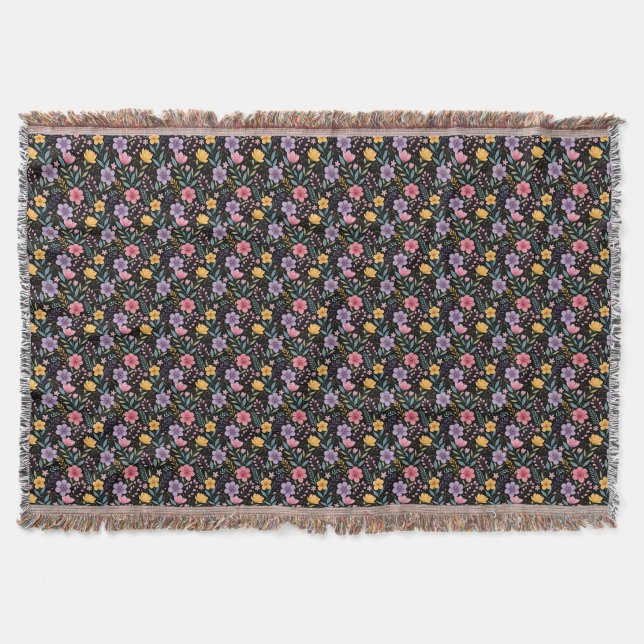Black simple wildflower pattern monogram throw blanket (Front)