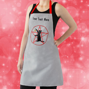 Black Sitting Cat Gold Star Red Pentagram Grey Apron
