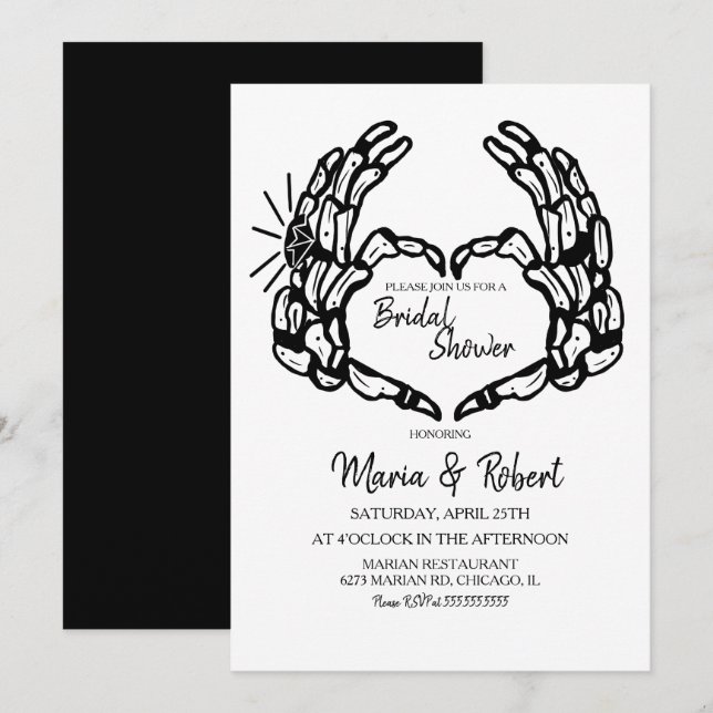 Black Skeleton Hand Heart Bridal Shower Invitation (Front/Back)