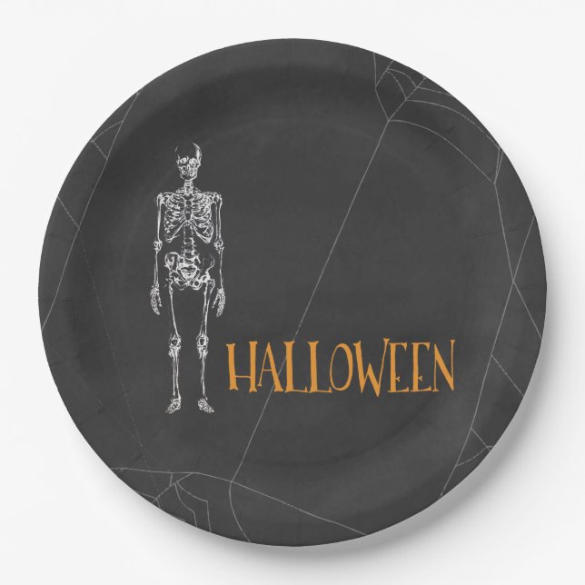 Black Skeleton Spiderweb Halloween Party Paper Plate (Front)