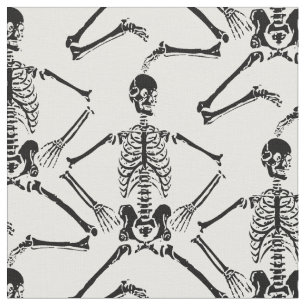 Black Skeletons Dancing on White Background Fabric