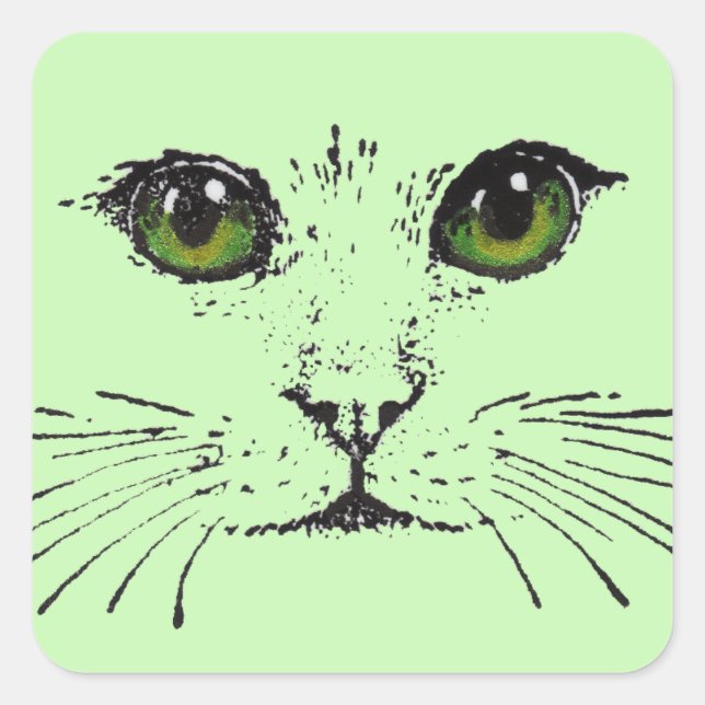 Black Sketch of Cat Face Intense Green Eyes Square Sticker (Front)