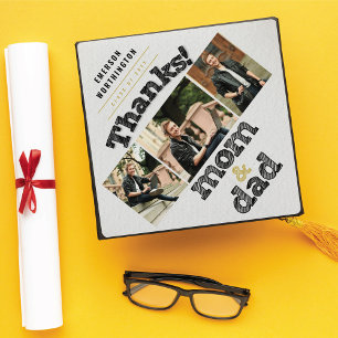 Black Sketch Thanks Mom & Dad Modern 3 Multi Photo Graduation Cap Topper