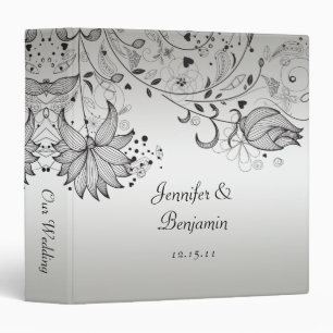Black Sketched Flowers on Silver Wedding Album Binder