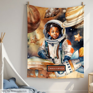 Black Skin Boy Astronaut Space Watercolor Style Fleece Blanket