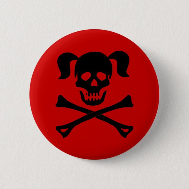 Black Skull and Crossbones With Pigtails 2 Inch Round Button (Front)
