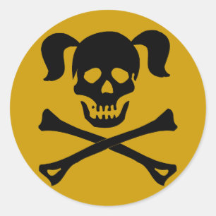 Black Skull and Crossbones With Pigtails Classic Round Sticker