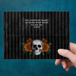Black Skull And Roses Halloween Return Address Envelope