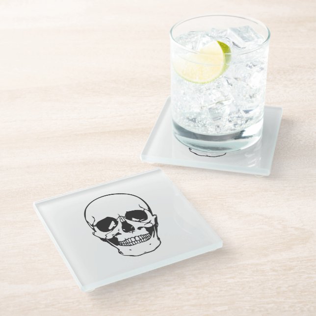 Black Skull Line Drawing Glass Coaster (Angled)