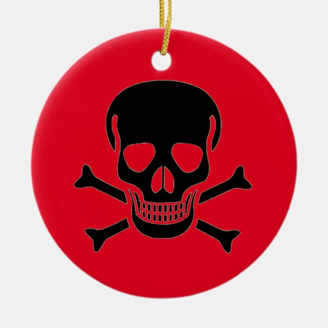 Black Skull red round ceramic ornament (Front)