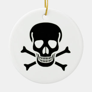 Black Skull white round ceramic ornament 2 sided