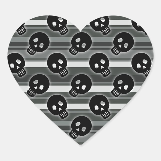 Black Skulls on Black White Stripe Pattern Heart Sticker (Front)