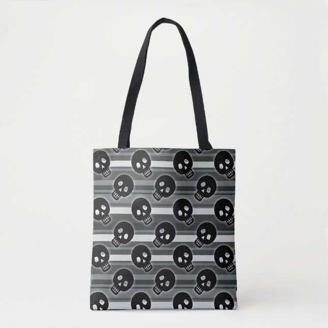 Black Skulls on Black White Stripe Pattern Tote Bag (Front)
