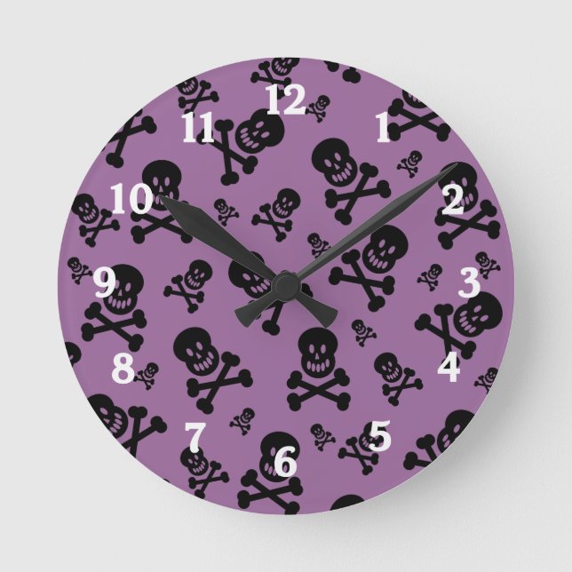 Black Skulls on Purple Background Wall Clock (Front)