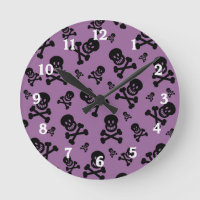 Black Skulls on Purple Background Wall Clock