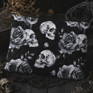 Black Skulls & Roses Dark Gothic Floral Accessory Pouch
