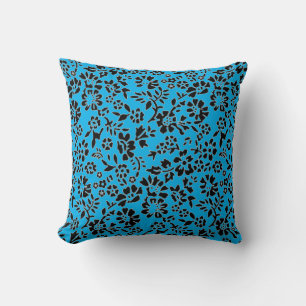 Black & Sky Blue Flowered Throw Pillow