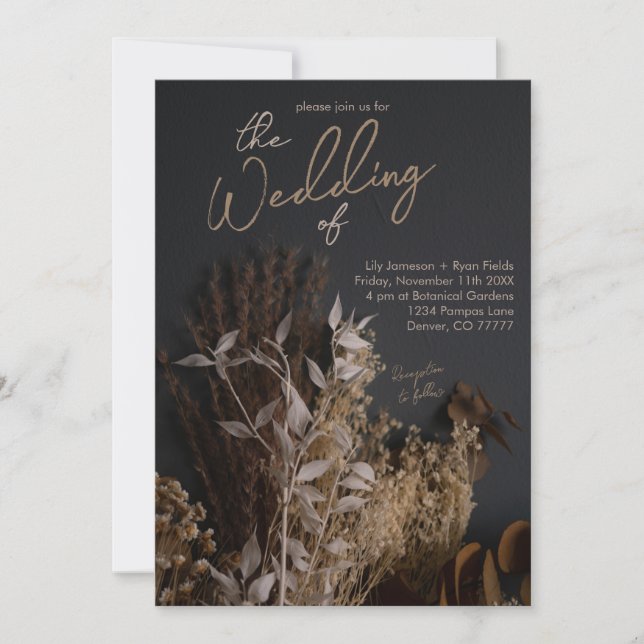 Black Slate Dark Dried Floral Boho Rustic Wedding Invitation (Front)