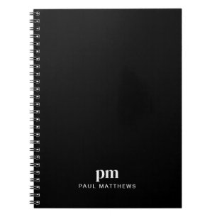 Black Sleek Professiona Monogram Initials and Name Notebook