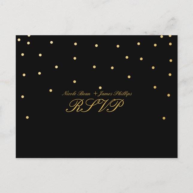 Black & Small Gold Confetti RSVP Wedding Postcard (Front)