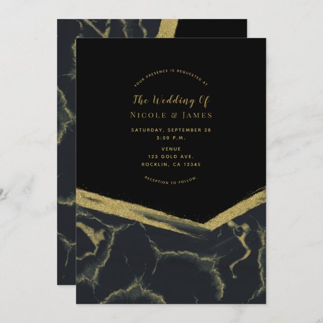 Black Smoke & Gold Marble Chic Modern Wedding Invitation (Front/Back)