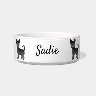 Black Smooth Coat Chihuahua Cartoon Dog & Name Bowl