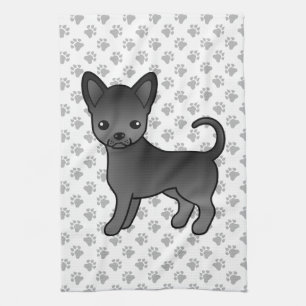 Black Smooth Coat Chihuahua Cartoon Dog & Paws Kitchen Towel