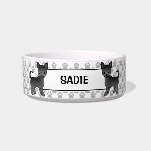 Black Smooth Coat Chihuahua Dog With Name & Paws Bowl