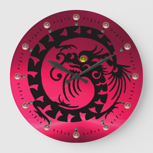 BLACK SNAKE DRAGON ,PINK FUCHSİA YELLOW GEMSTONES LARGE CLOCK (Front)