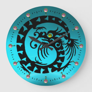 BLACK SNAKE DRAGON WITH AQUA BLUE PINK GEMSTONES LARGE CLOCK