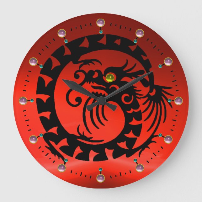 BLACK SNAKE DRAGON WITH RED PINK GEMSTONES LARGE CLOCK (Front)