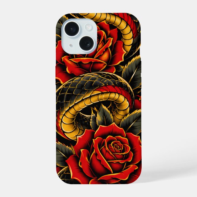 Black Snake & Red Roses | Gothic Floral Serpent iPhone 15 Case (Back)