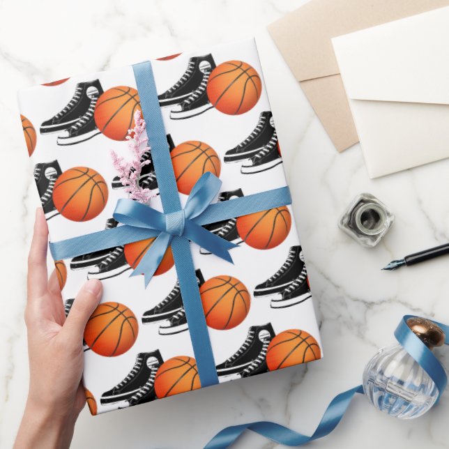 Black Sneakers And Basketball On White Wrapping Paper (Gifting)