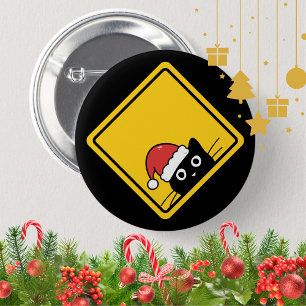 Black Sneaky Santa Cat U.S. Warning Sign 2 Inch Round Button