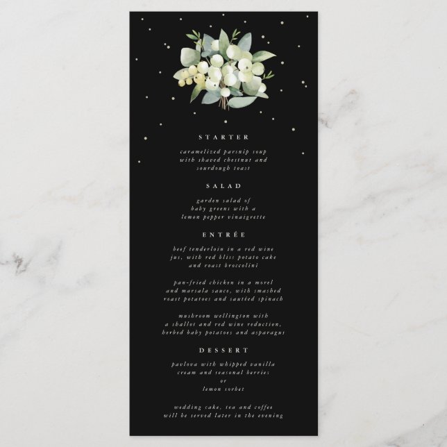 Black Snowberry+Eucalyptus 4 Course Wedding Flat Menu (Front)