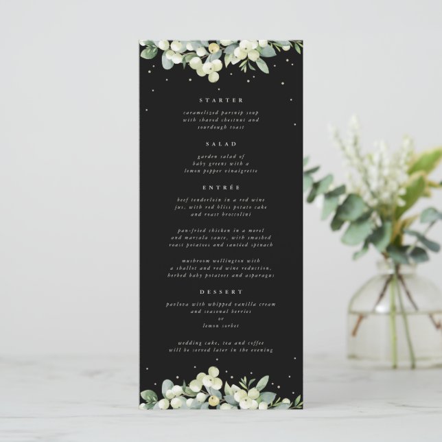 Black Snowberry+Eucalyptus 4 Course Wedding Flat Menu (Standing Front)