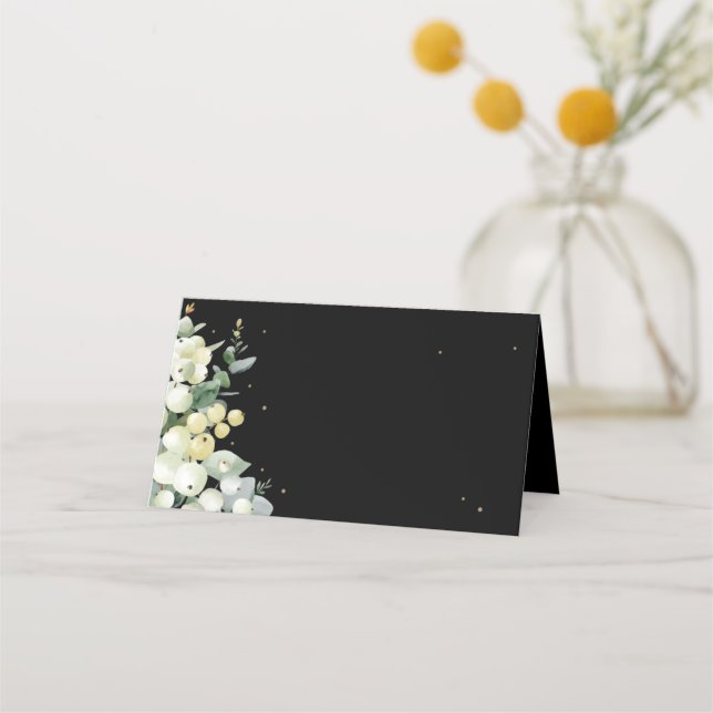 Black Snowberry+Eucalyptus Christmas Folded Place Card (Front)