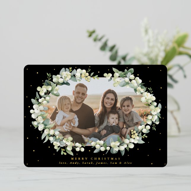 Black Snowberry + Eucalyptus Christmas Photo Foil Holiday Card (Standing Front)