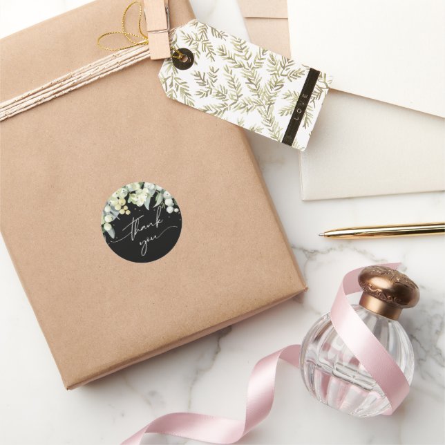 Black Snowberry+Eucalyptus Christmas Thank You Classic Round Sticker (Gifting)