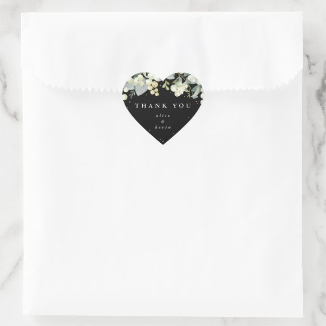 Black Snowberry+Eucalyptus Christmas Thank You Heart Sticker (Bag)
