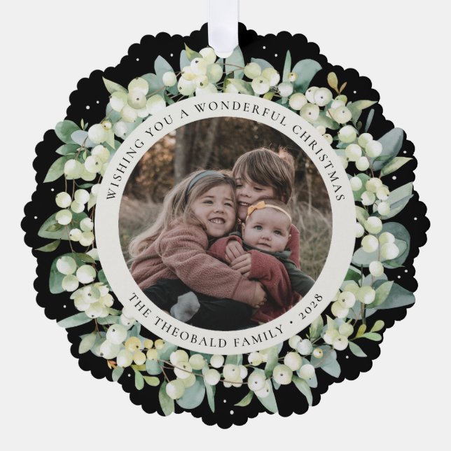 Black Snowberry+Eucalyptus Christmas Wreath Photo  Ornament Card (Front)