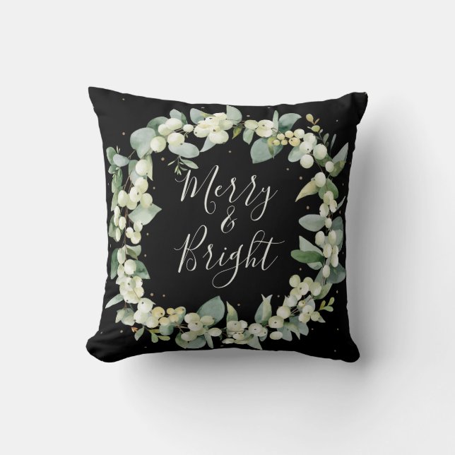 Black Snowberry + Eucalyptus Christmas Wreath Throw Pillow (Front)