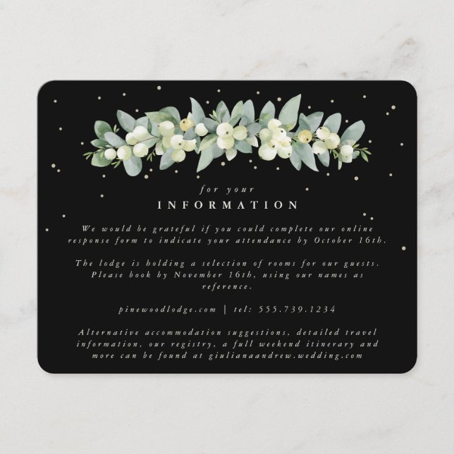 Black Snowberry+Eucalyptus Garland Wedding Info Enclosure Card (Front)